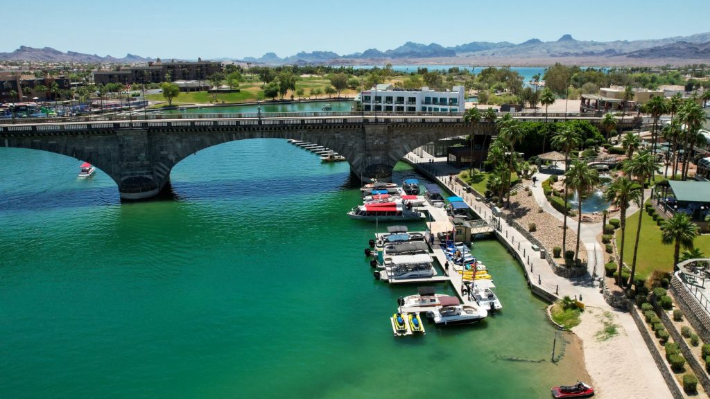 Bridge with Docked Boats
