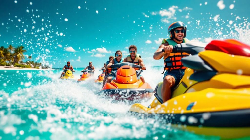 Group Of People Riding Jet Skis On Water