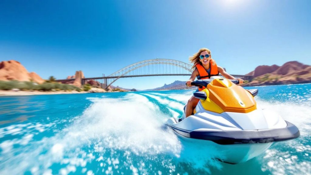 Woman Riding Jet Ski Near A Bridge